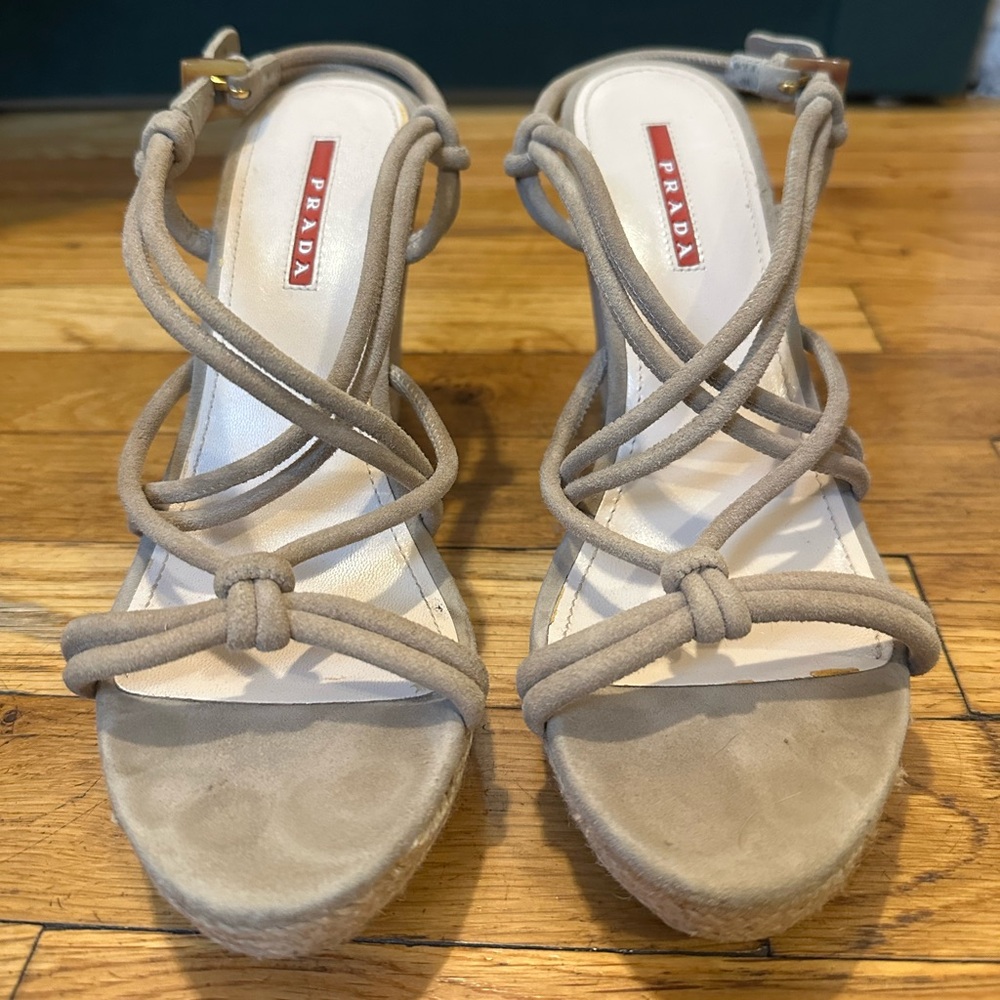 Prada Strappy Suede Espadrille Wedge - beige